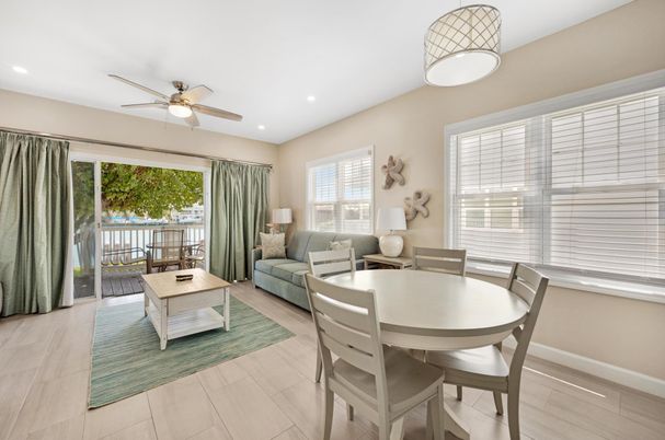 Dining room, Interior, Living room, Recessed Lighting, Wood Texture Flooring