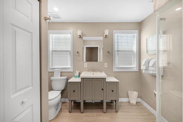 Bathroom, Interior, Recessed Lighting, Wood Texture Flooring