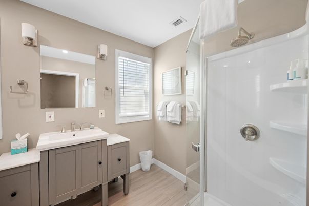 Bathroom, Interior, Recessed Lighting, Wood Texture Flooring