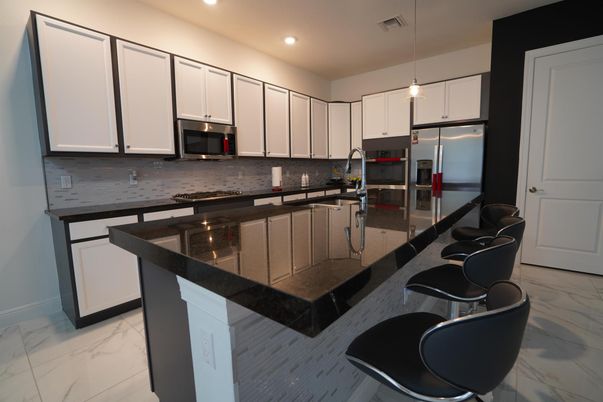 Interior, Kitchen, Marble, Pendant Lights, Recessed Lighting, Stainless Steel Appliances