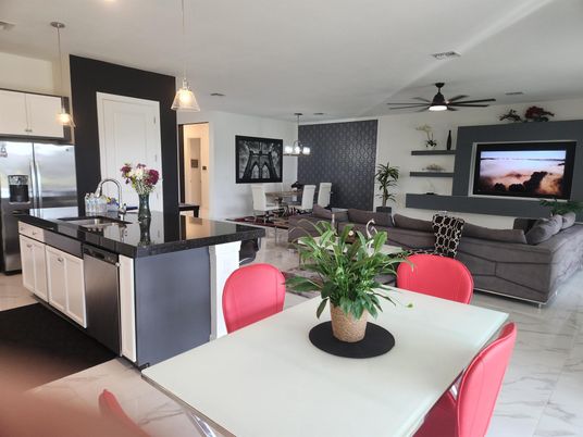 Dining room, Interior, Kitchen, Living room, Marble, Pendant Lights, Stainless Steel Appliances