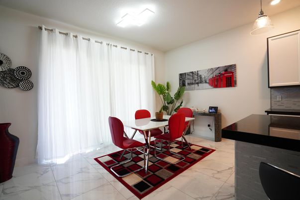 Dining room, Interior, Marble, Pendant Lights