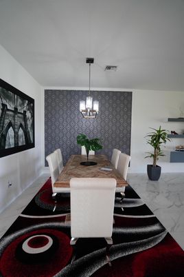 Dining room, Interior, Marble, Pendant Lights