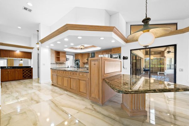 Interior, Kitchen, Marble, Pendant Lights, Recessed Lighting