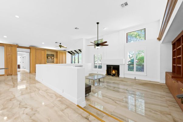 Empty room, Fireplace, Interior, Marble, Recessed Lighting