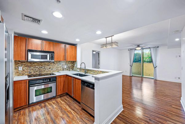 Interior, Kitchen, Pendant Lights, Recessed Lighting, Stainless Steel Appliances, Wood Texture Flooring