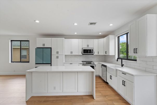 Interior, Kitchen, Recessed Lighting, Stainless Steel Appliances, Wood Texture Flooring