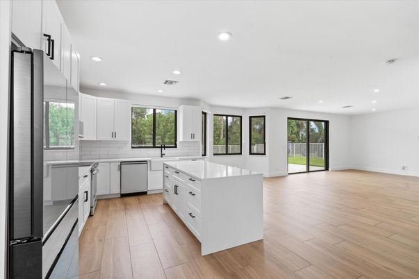 Interior, Kitchen, Recessed Lighting, Wood Texture Flooring