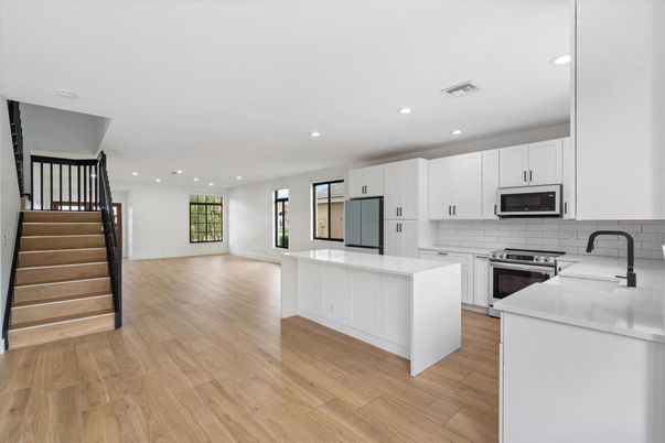 Interior, Kitchen, Recessed Lighting, Stainless Steel Appliances, Wood Texture Flooring