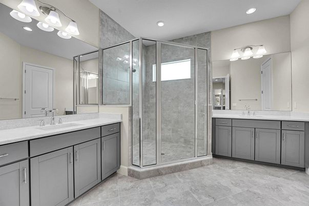 Bathroom, Dual Sink Vanities, Glass Shower, Interior, Recessed Lighting