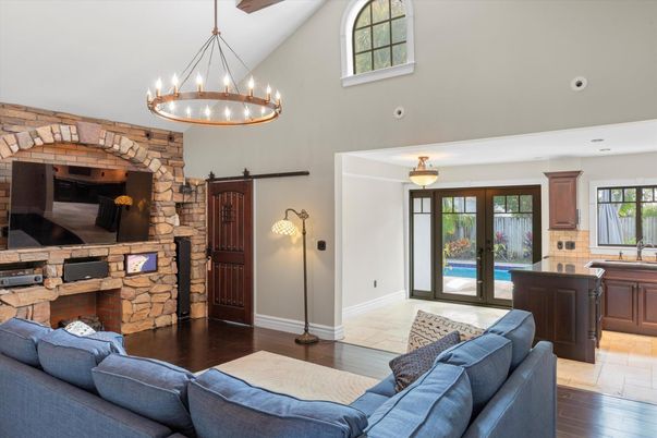 Fireplace, Interior, Living room, Pendant Lights, Stone Walls, Wood Texture Flooring