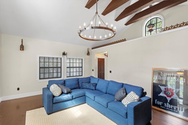 Chandelier, Interior, Living room, Wooden Beams, Wood Texture Flooring