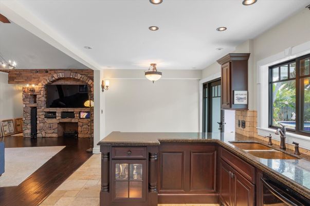 Interior, Kitchen, Recessed Lighting, Stone Walls, Wood Texture Flooring