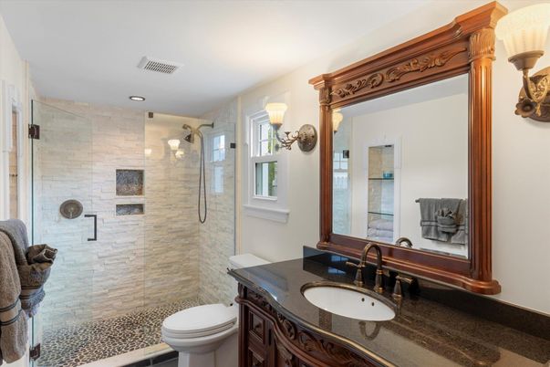 Bathroom, Glass Shower, Interior, Recessed Lighting, Stone Walls