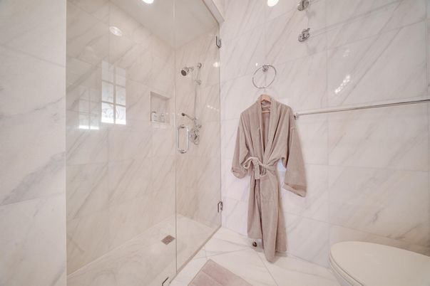 Bathroom, Glass Shower, Interior, Marble Walls, Recessed Lighting