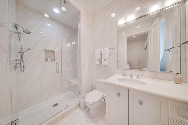 Bathroom, Glass Shower, Interior, Marble Walls, Recessed Lighting