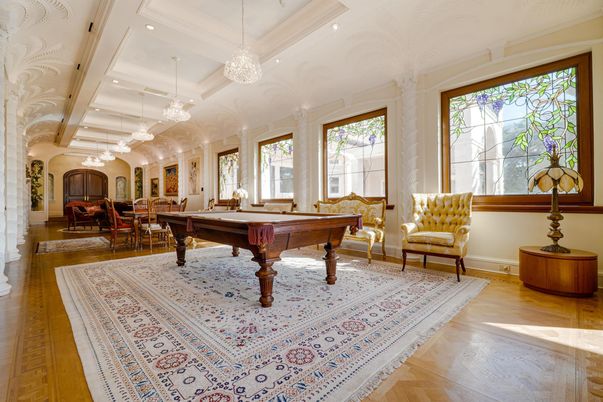 Billiard Table, Chandelier, Game Room, Interior, Pendant Lights, Recessed Lighting, Wood Texture Flooring