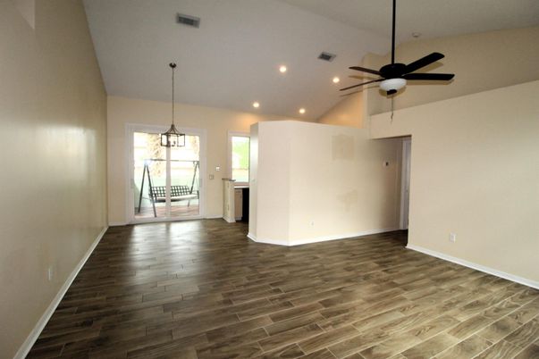 Empty room, Interior, Pendant Lights, Recessed Lighting, Wood Texture Flooring