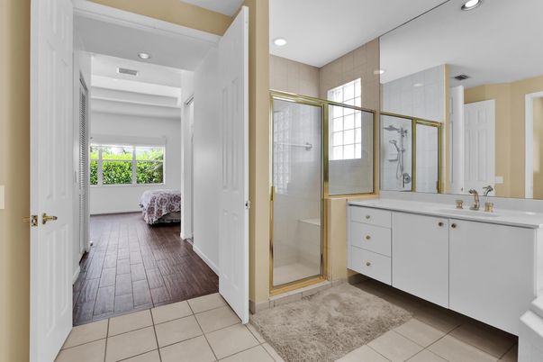 Bathroom, Glass Shower, Interior, Recessed Lighting, Wood Texture Flooring