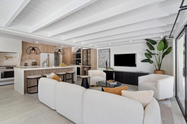Interior, Kitchen, Living room, Recessed Lighting, Stainless Steel Appliances, Wood Texture Flooring