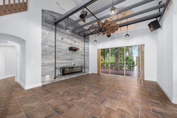 Empty room, Fireplace, Interior, Pendant Lights, Stone Walls