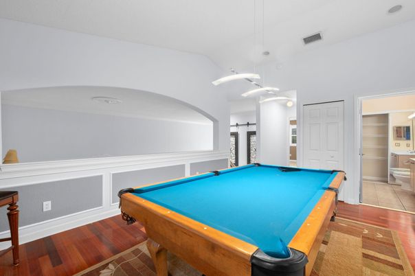 Billiard Table, Game Room, Interior, Pendant Lights, Wood Texture Flooring