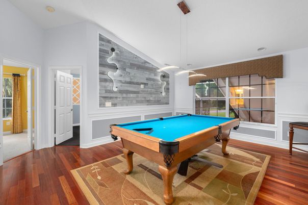 Billiard Table, Game Room, Interior, Pendant Lights, Wood Texture Flooring
