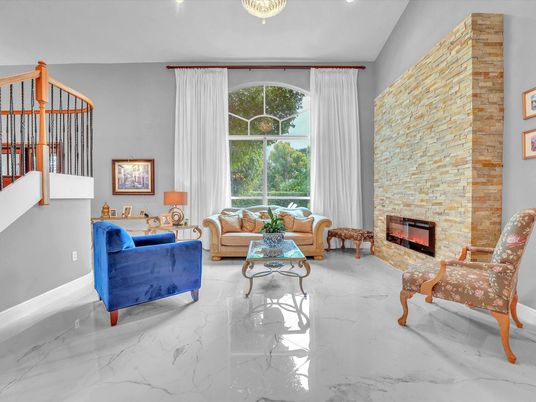 Fireplace, Interior, Living room, Marble, Recessed Lighting, Stone Walls