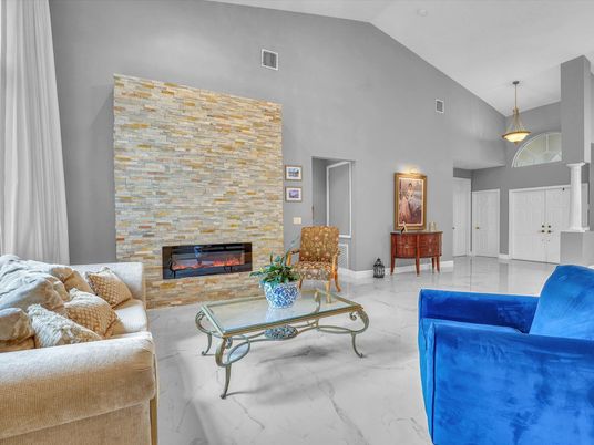 Fireplace, Interior, Living room, Marble, Pendant Lights, Stone Walls