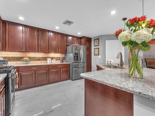 Interior, Kitchen, Marble, Recessed Lighting, Stainless Steel Appliances