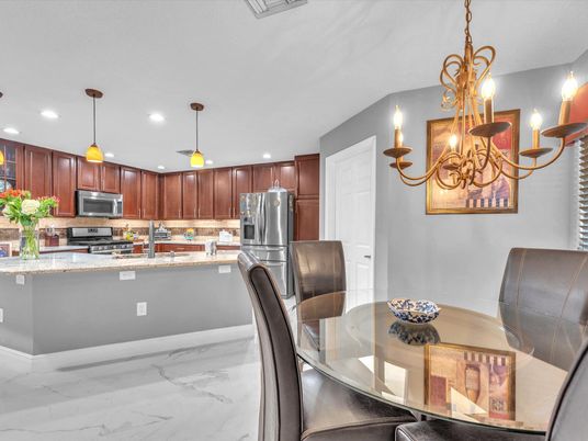 Dining room, Interior, Kitchen, Marble, Pendant Lights, Recessed Lighting, Stainless Steel Appliances