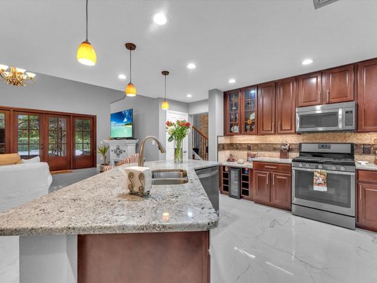 Interior, Kitchen, Marble, Pendant Lights, Recessed Lighting, Stainless Steel Appliances