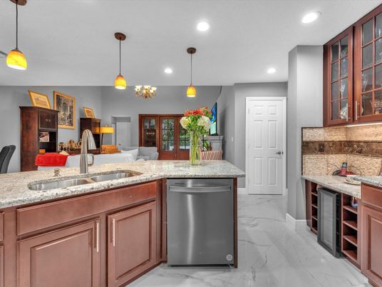 Interior, Kitchen, Marble, Pendant Lights, Recessed Lighting, Stainless Steel Appliances