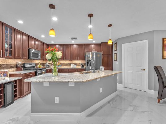 Interior, Kitchen, Marble, Pendant Lights, Recessed Lighting, Stainless Steel Appliances