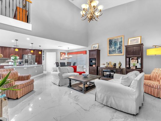 Chandelier, Interior, Kitchen, Living room, Marble, Pendant Lights, Recessed Lighting, Stainless Steel Appliances