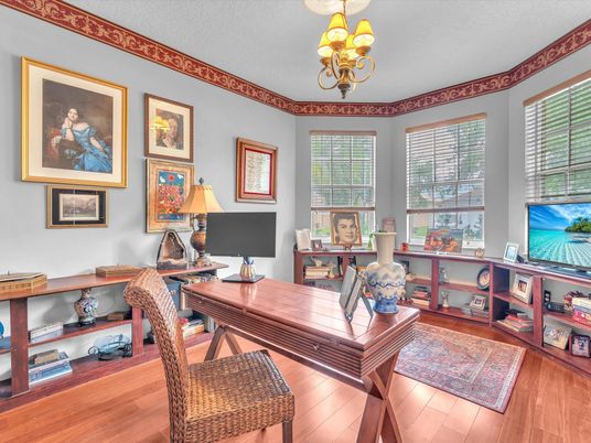 Chandelier, Home Office, Interior, Wood Texture Flooring