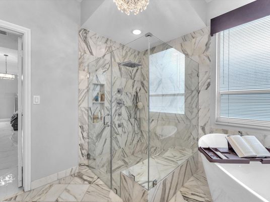 Bathroom, Glass Shower, Interior, Marble, Marble Walls, Recessed Lighting