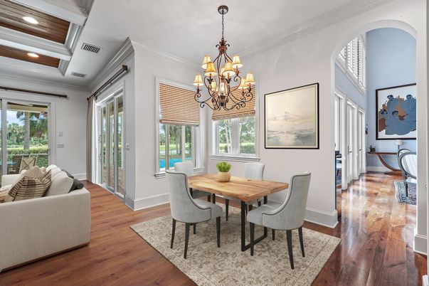 Chandelier, Dining room, Interior, Recessed Lighting, Wood Texture Flooring