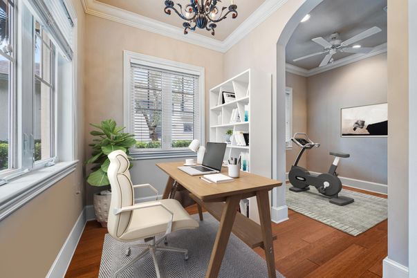 Fitness Equipment, Home Office, Interior, Recessed Lighting, Wood Texture Flooring