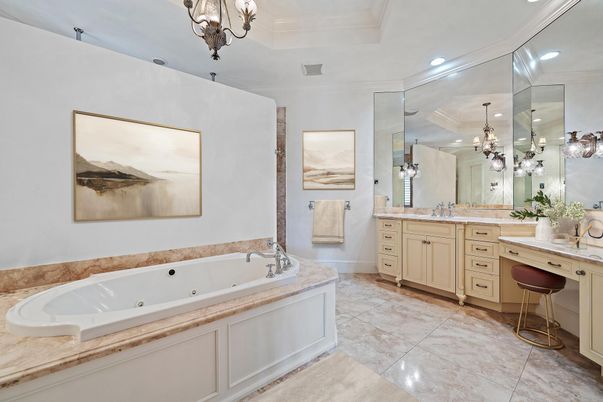 Bathroom, Chandelier, Dual Sink Vanities, Interior, Recessed Lighting