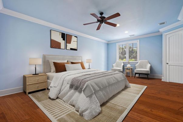 Bedroom, Interior, Recessed Lighting, Wood Texture Flooring