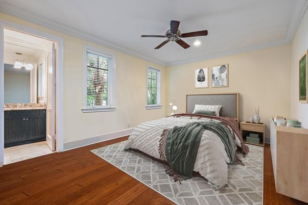 Bedroom, Interior, Recessed Lighting, Wood Texture Flooring