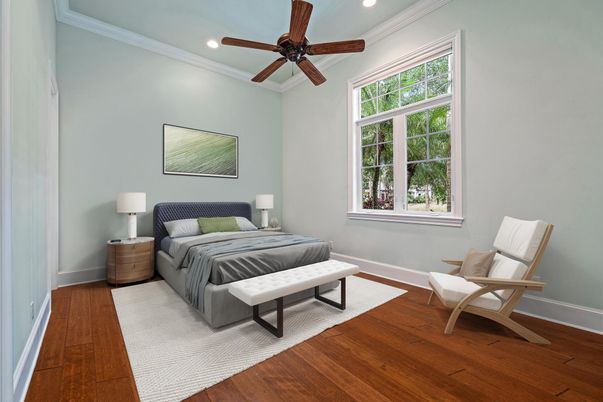 Bedroom, Interior, Recessed Lighting, Wood Texture Flooring