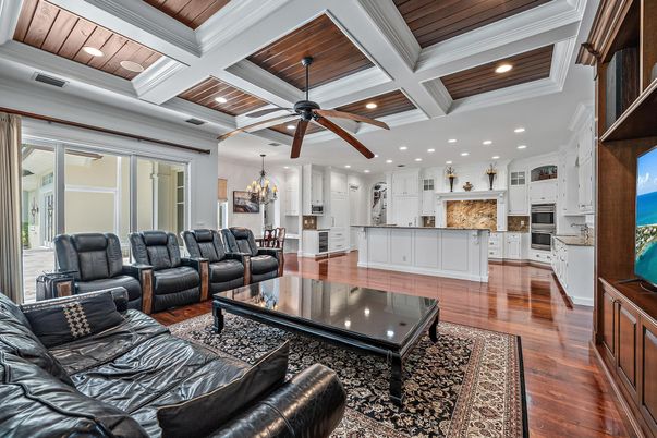 Chandelier, Interior, Kitchen, Living room, Recessed Lighting, Wooden Ceilings, Wood Texture Flooring