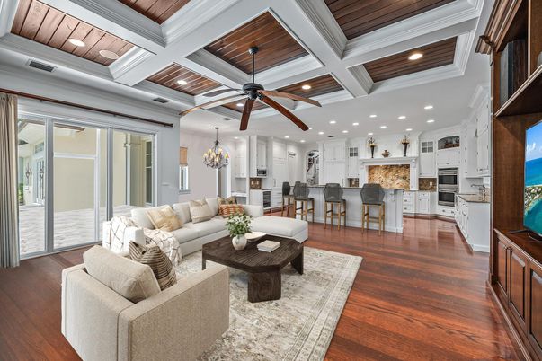 Chandelier, Interior, Kitchen, Living room, Recessed Lighting, Wooden Ceilings, Wood Texture Flooring