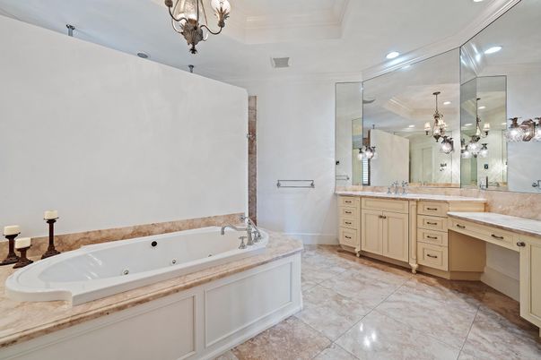 Bathroom, Chandelier, Dual Sink Vanities, Interior, Recessed Lighting