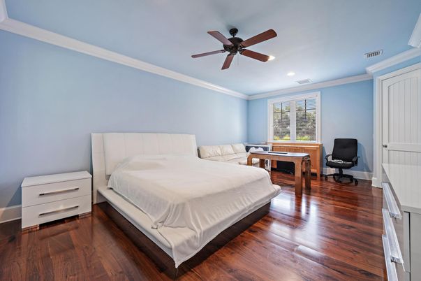 Bedroom, Interior, Recessed Lighting, Wood Texture Flooring