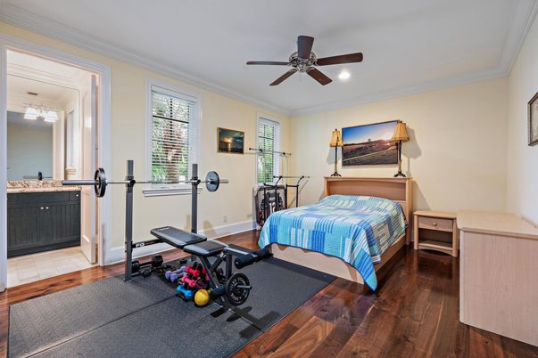 Bedroom, Fitness Equipment, Interior, Recessed Lighting, Wood Texture Flooring