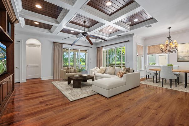 Chandelier, Dining room, Interior, Living room, Recessed Lighting, Wood Texture Flooring