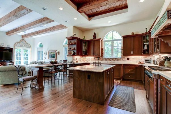 Dining room, Interior, Kitchen, Living room, Recessed Lighting, Wooden Beams, Wooden Ceilings, Wood Texture Flooring